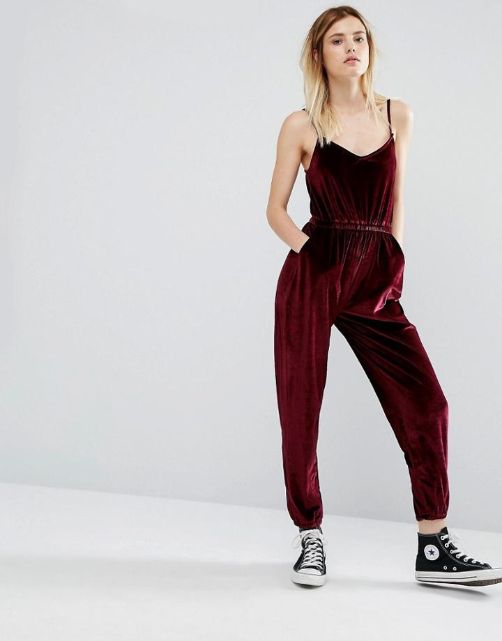 Daisy Street Velvet Jumpsuit - Red