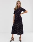 Asos Design Tea Jumpsuit With Ruched Sleeve Detail In Navy Polka Dot-multi