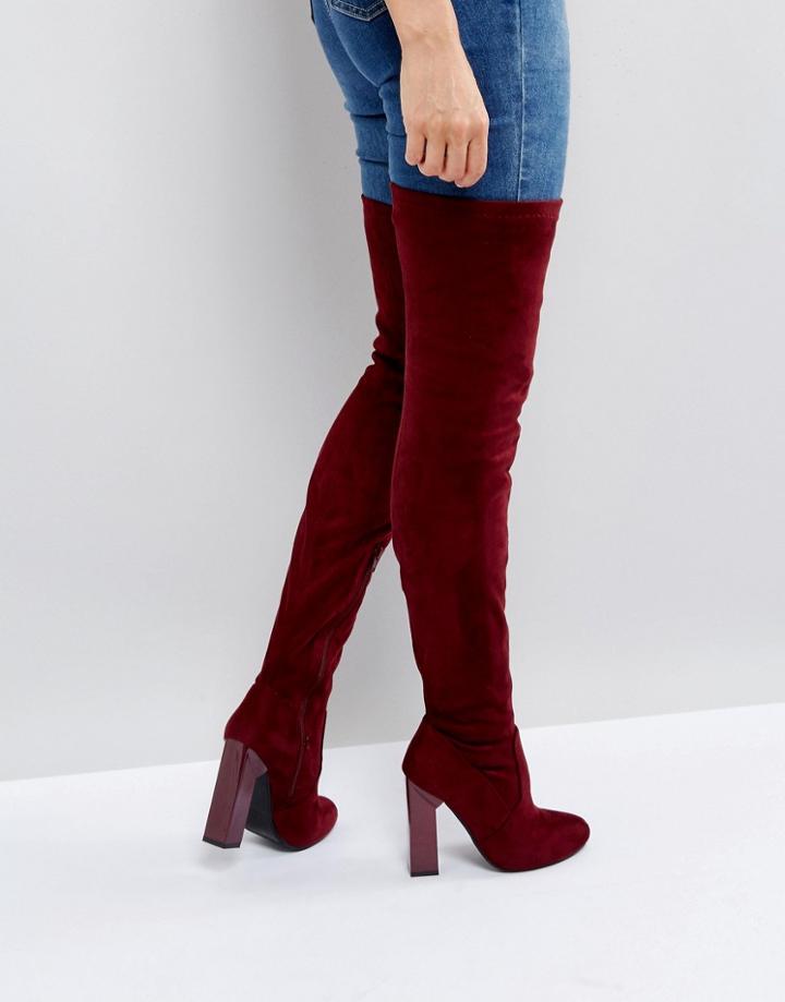 Boohoo Over The Knee Block Heeled Boot - Red