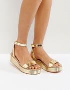 Bershka Metallic Strap Flatform Sandal - Gold