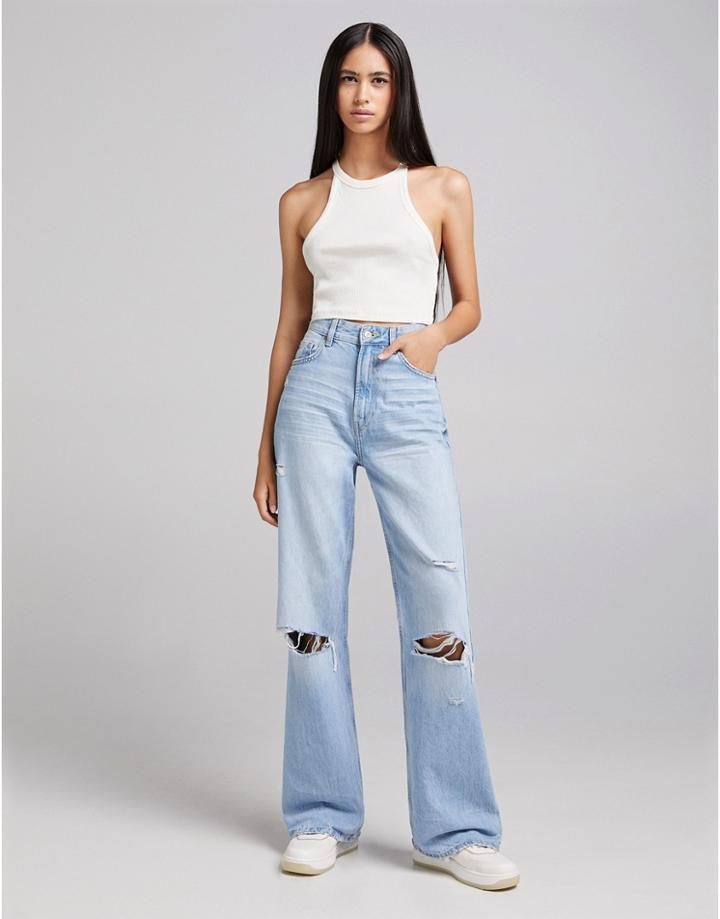 Bershka 90's Straight Jeans In Vintage Blue-blues