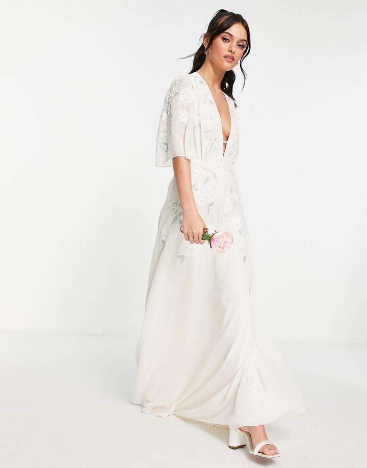 Hope & Ivy Bridal Embroidered Plunge Maxi Dress In Ivory-white
