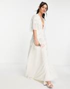Hope & Ivy Bridal Embroidered Plunge Maxi Dress In Ivory-white