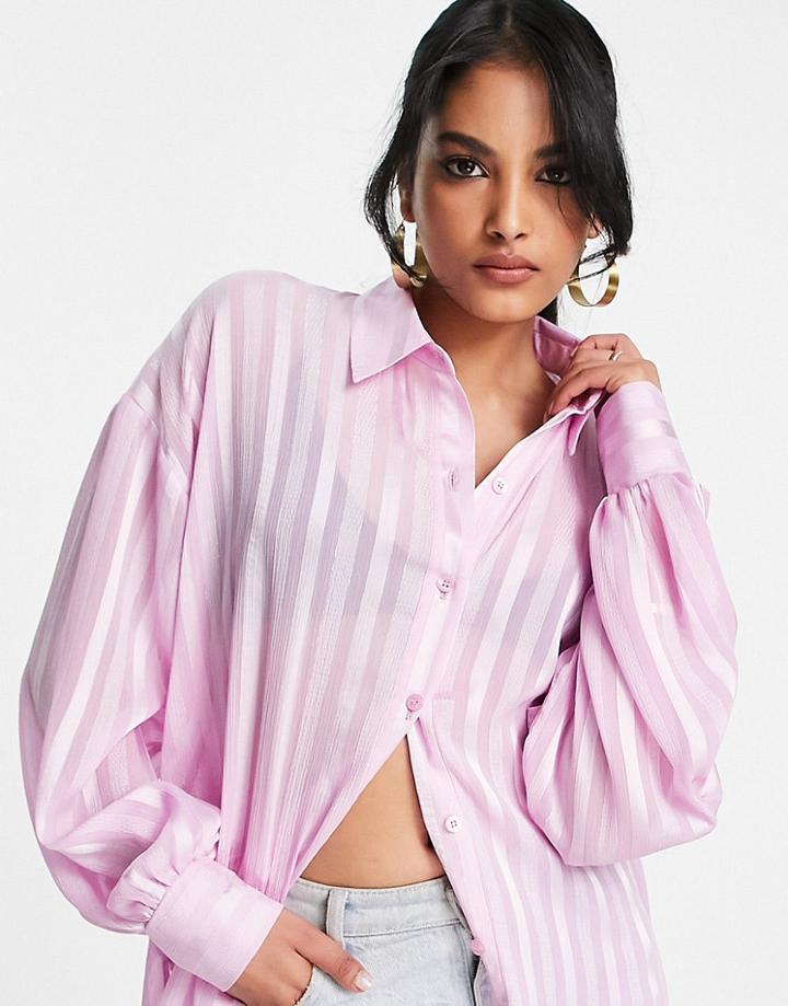 Asos Design Oversized Shirt In Pink Sheer Metallic Thread Stripe