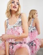 Asos Edition Paillette Sequin Crop Top With Faux Feather Hem In Pink-silver