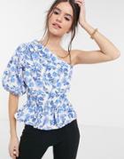 River Island Floral Asymmetric Peplum Top In Blue-blues