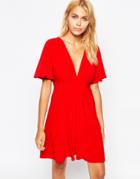 Love Plunge Skater Dress With Kimono Sleeve - Red