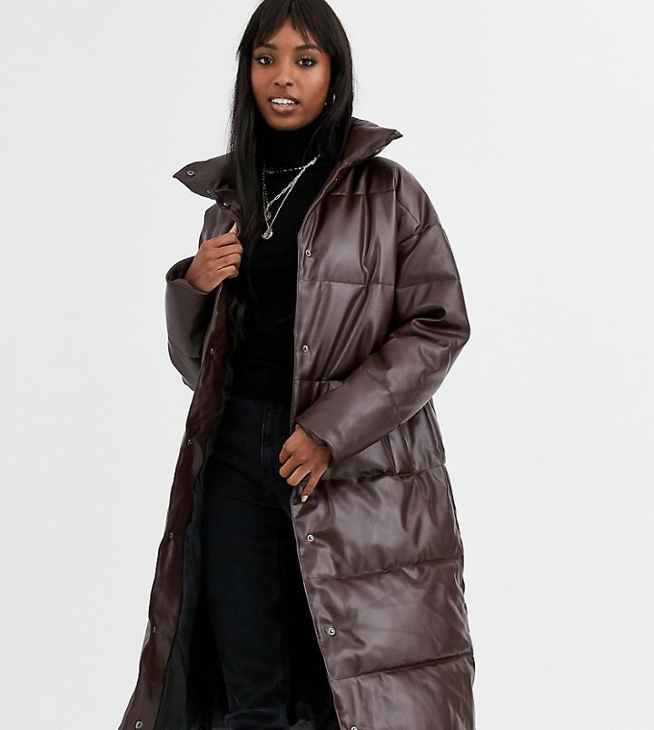 Asos Design Tall Longline Leather Look Puffer Coat In Chocolate-brown