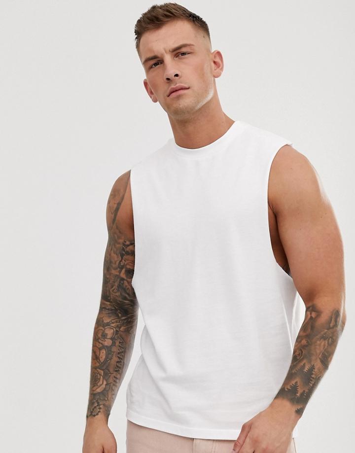 Asos Design Pique Relaxed Sleeveless T-shirt With Crew Neck And Dropped Armhole In White