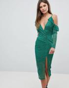 Asos Cold Shoulder Lace Plunge Midi Dress - Green