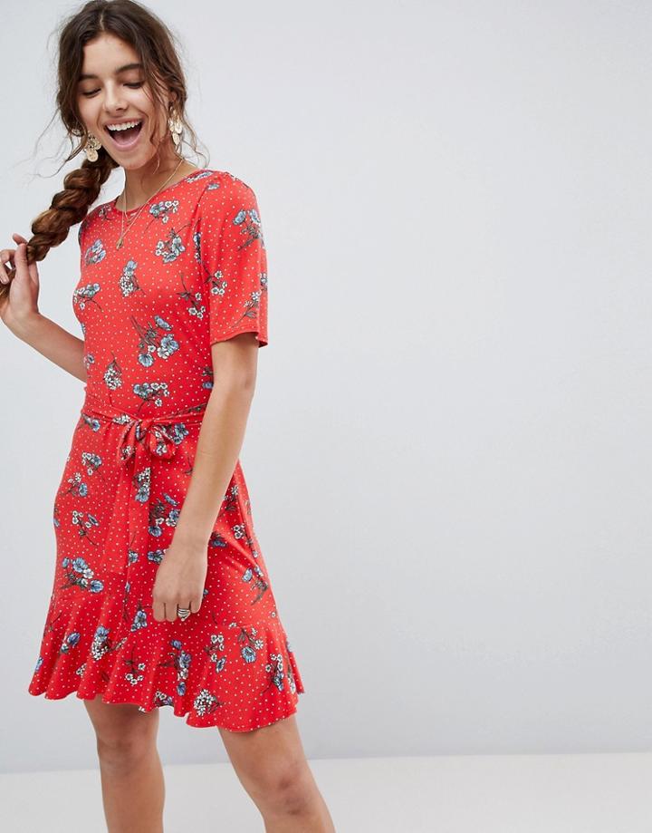 Asos Tea Dress With V Back And Frill Hem In Red Floral Print - Multi