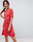 Asos Tea Dress With V Back And Frill Hem In Red Floral Print - Multi