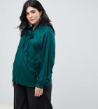 Asos Design Curve Wrap Top With Button Detail And Tie Neck - Green