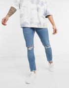 Bershka Super Skinny Fit Jeans In Mid Blue Wash With Rips-blues