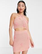Asos Design Knit Halter Neck Top With 3d Flower Detail - Part Of A Set-orange