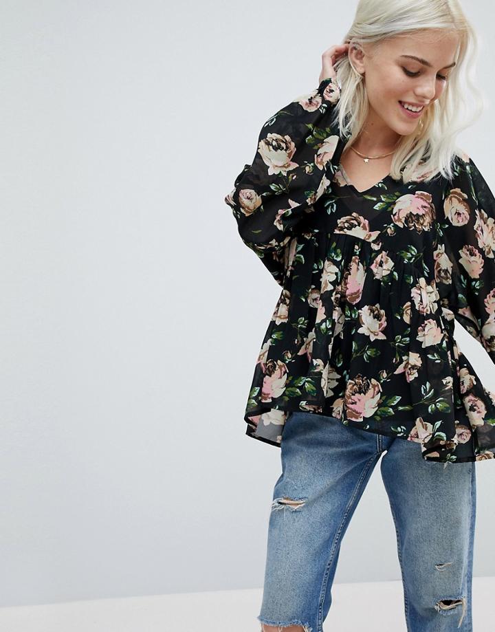 Asos V-neck Smock Top In Floral - Multi