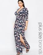 Club L Plus Maxi Dress In Floral Print With Wrap Front - Blue Printed