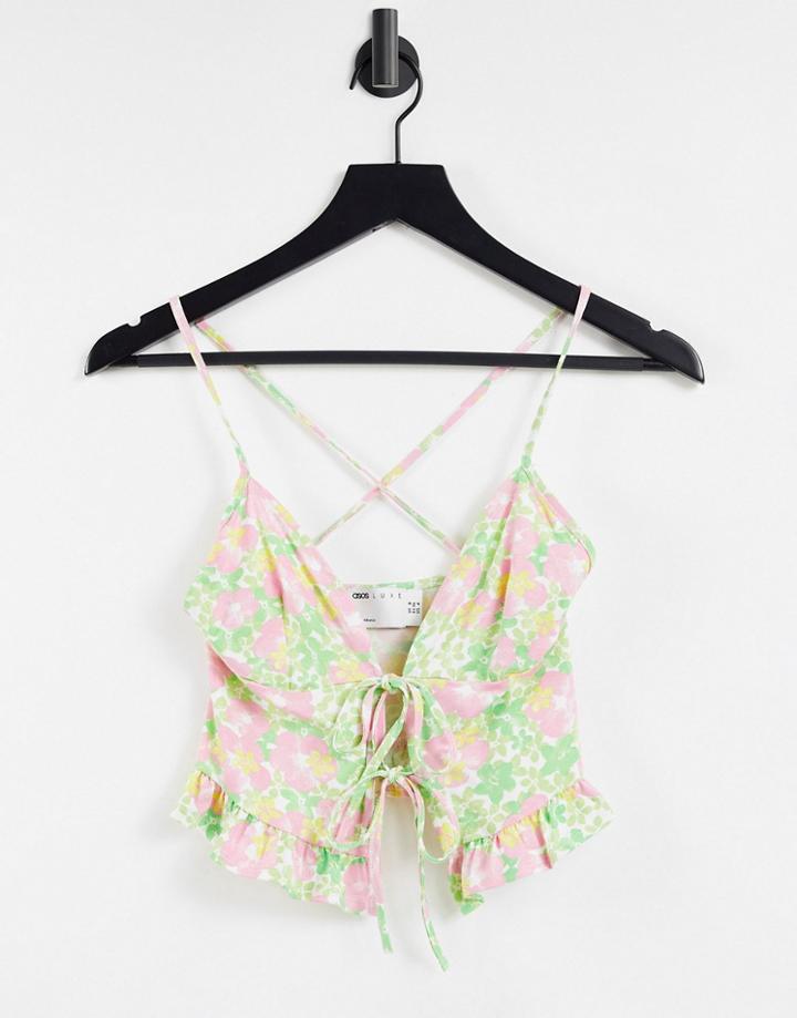 Asos Design Tie Front Ruffle Hem Cami In 70s Floral Print-multi