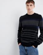 Selected Homme Knitted Sweater With Block Stripe In Lambswool - Black