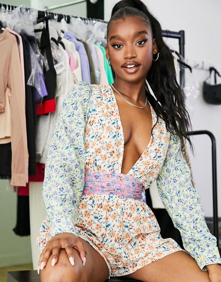 Asos Design Plunge Beach Romper In Mixed Floral Print-multi