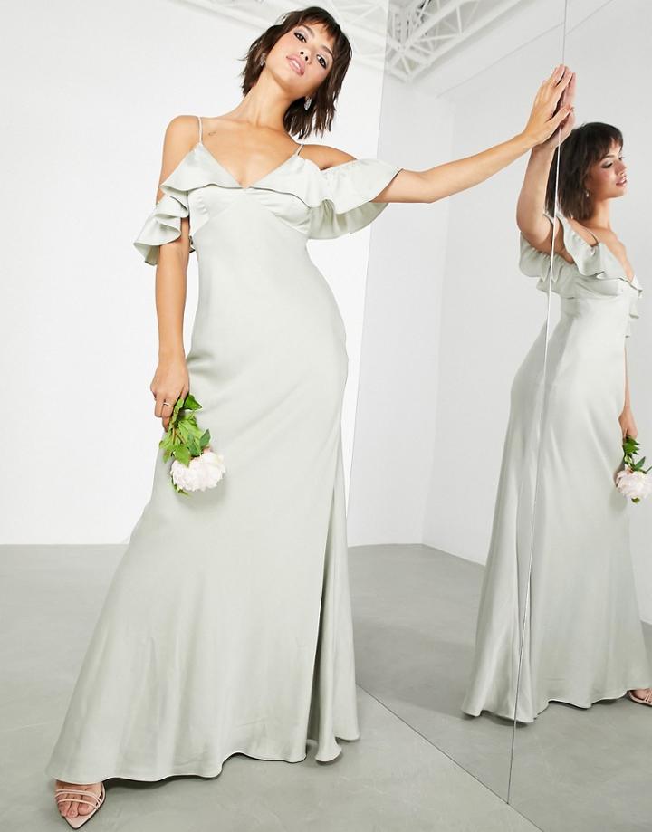 Asos Edition Satin Ruffle Cold Shoulder Maxi Dress In Sage Green