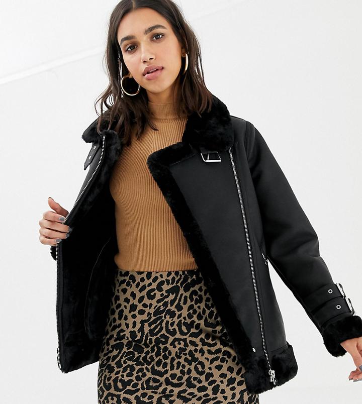 Warehouse Faux Leather Biker Jacket In Black - Black