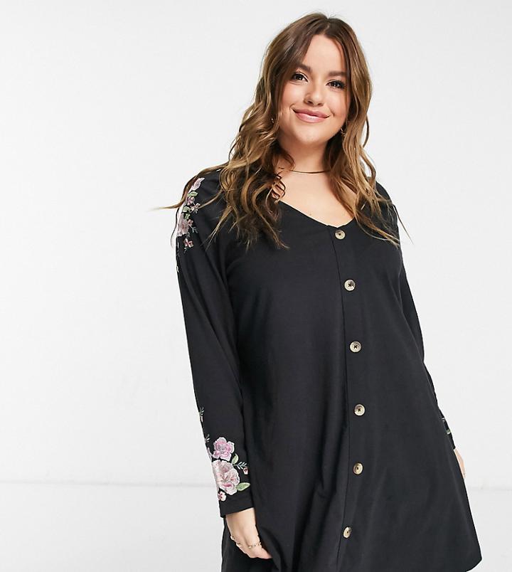 Asos Design Curve Button Through Tea Dress With Shoulder Embroidery In Black