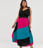 Simply Be Pleated Midi Skirt In Color Block Pink And Turquoise - Multi