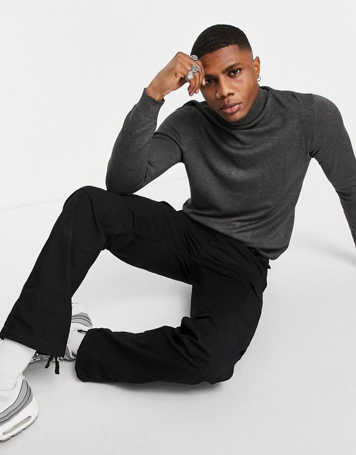Pull & Bear Knitted Roll Neck Sweater In Charcoal - Part Of A Set-gray