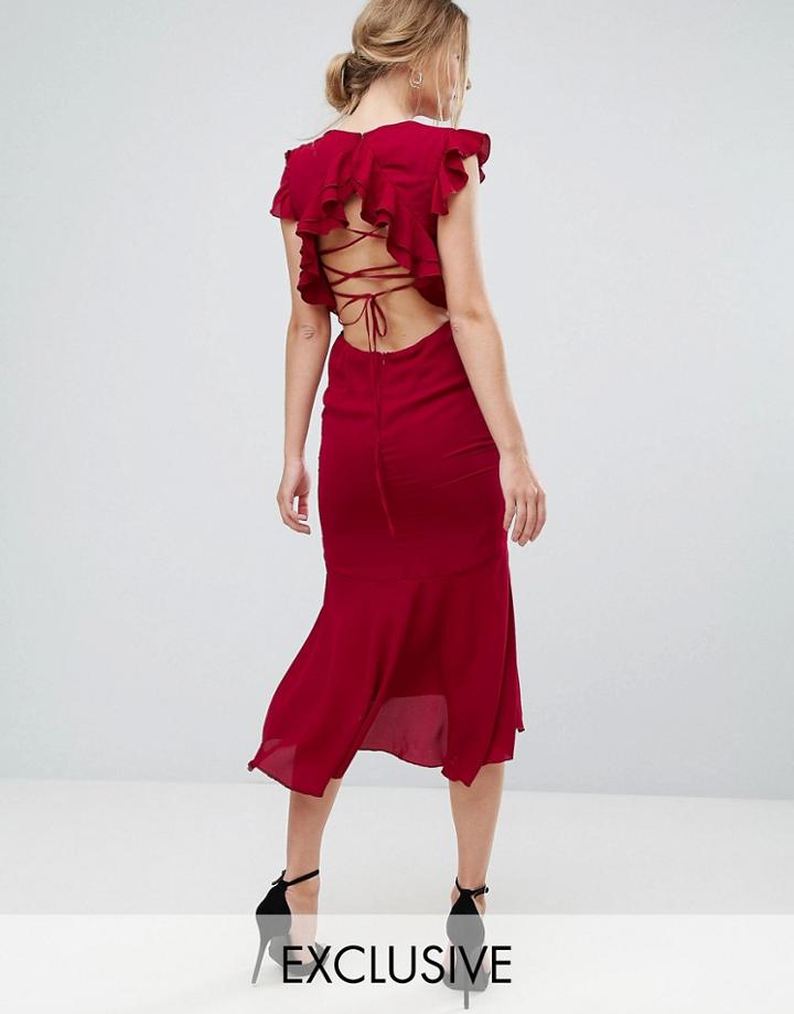 Hope & Ivy Frill Detail Lace Back Midi Dress - Red