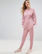 Asos Jumpsuit In Sweat With Flared Sleeve And Lace Up Detail - Pink