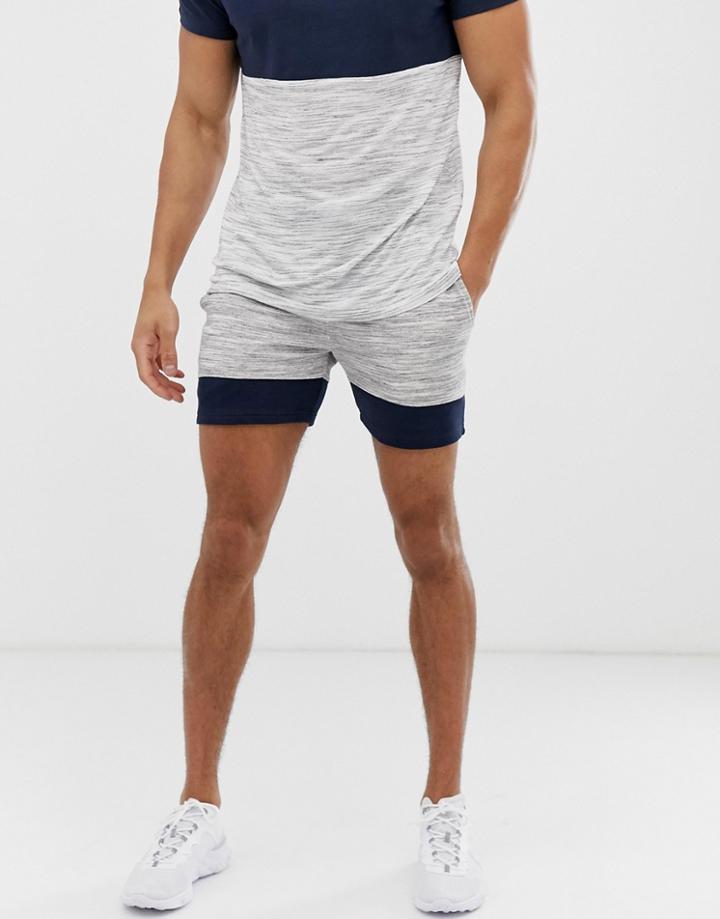 Asos Design Two-piece Jersey Skinny Shorts In Shorter Length With Color Blocking Interest Fabric In Gray - Gray