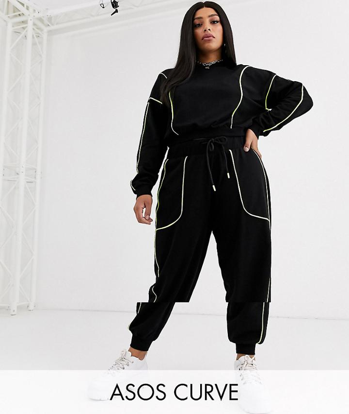 Asos Design Curve Crop Sweat And Jogger Tracksuit With Neon Piped Detail-black