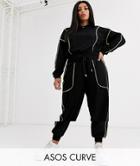 Asos Design Curve Crop Sweat And Jogger Tracksuit With Neon Piped Detail-black