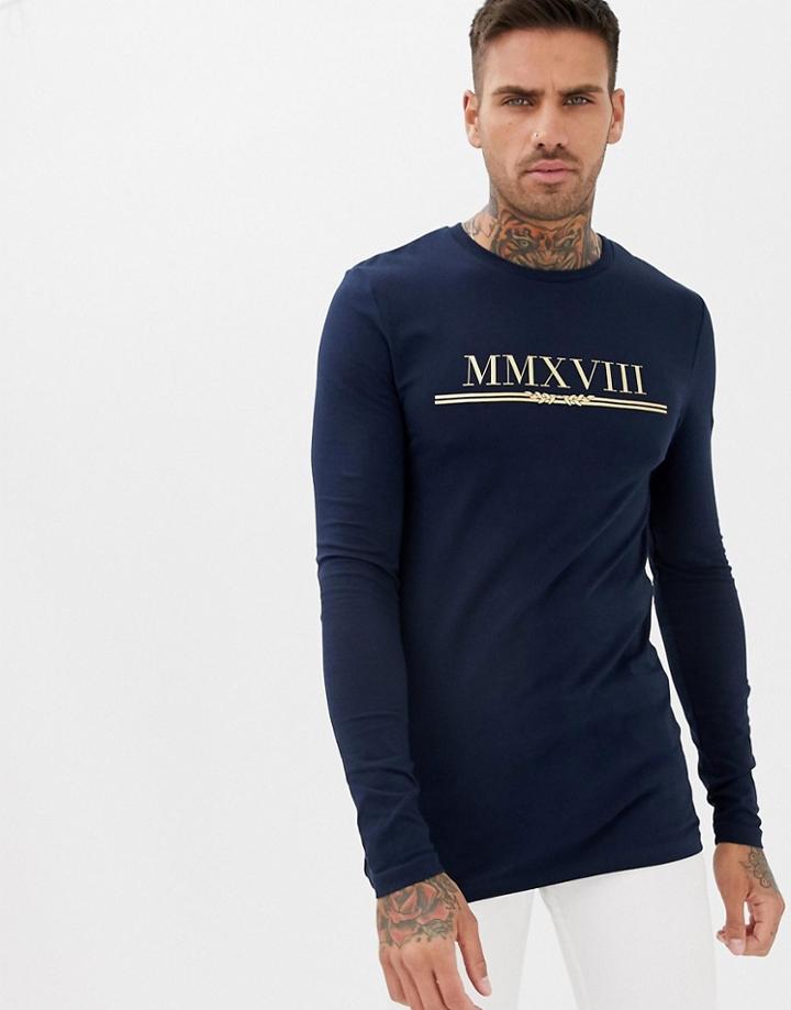 Asos Design Muscle Long Sleeve T-shirt With Gold Roman Numerals Print - Navy