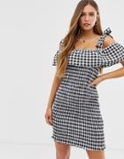 Glamorous Shirred Bodycon Dress With Tie Shoulders In Gingham-multi