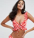 Asos Design Fuller Bust Exclusive Gingham Frill Bikini Top Dd-g - Red