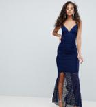 Asos Design Tall Deep Plunge Lace Bodycon Maxi Dress With Fishtail-navy
