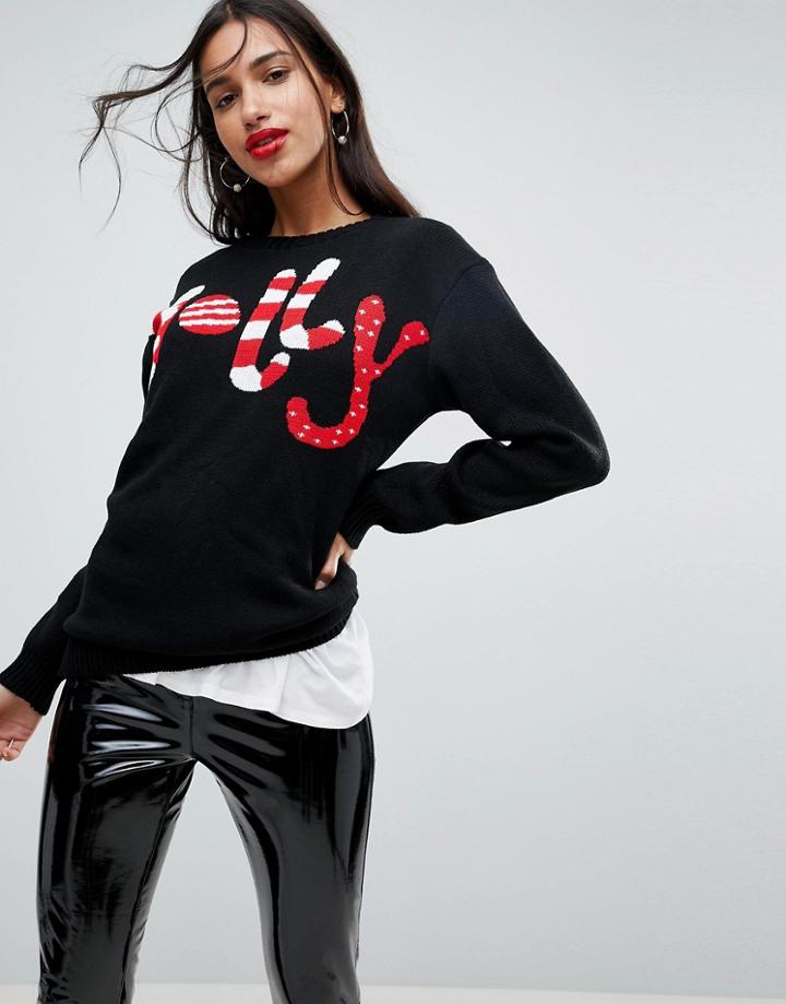 Club L Textured Jolly Happy Holidays Sweater - Black
