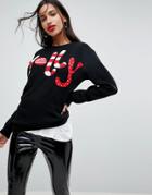 Club L Textured Jolly Happy Holidays Sweater - Black