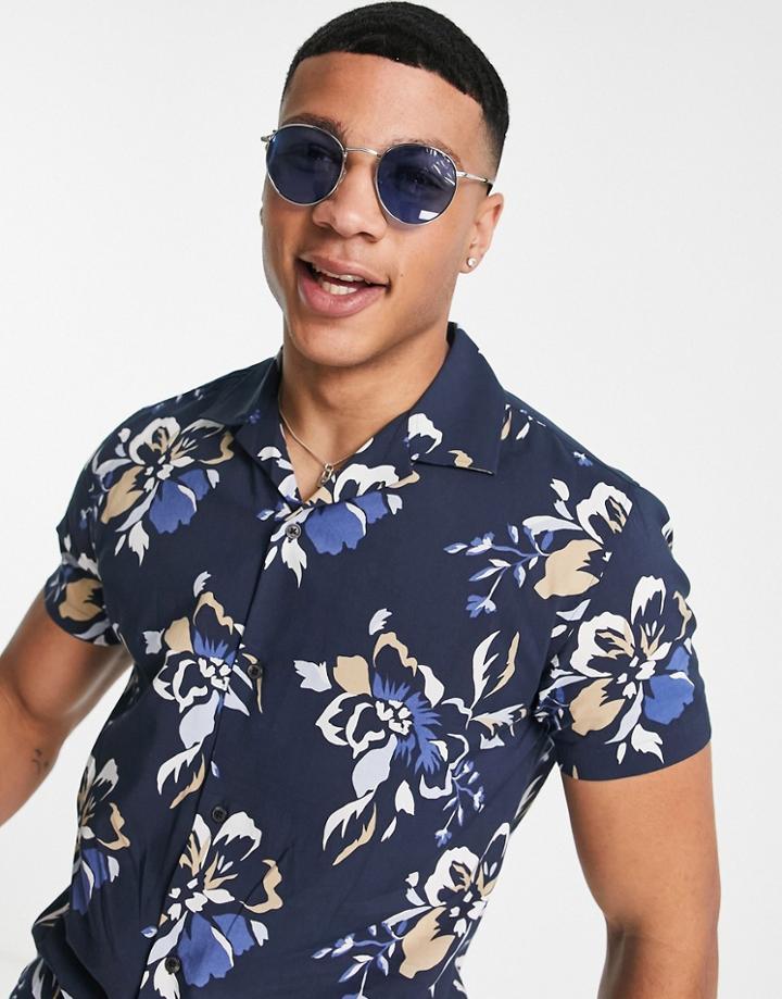 Selected Homme Revere Collar Shirt In Navy Floral Print