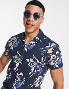 Selected Homme Revere Collar Shirt In Navy Floral Print
