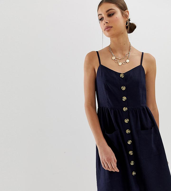 Na-kd Linen Button Front Dress In Navy - Navy