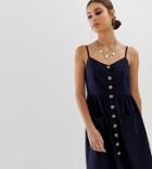 Na-kd Linen Button Front Dress In Navy - Navy