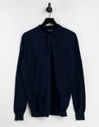 Brave Soul Cotton Long Sleeve Knitted Polo In Navy