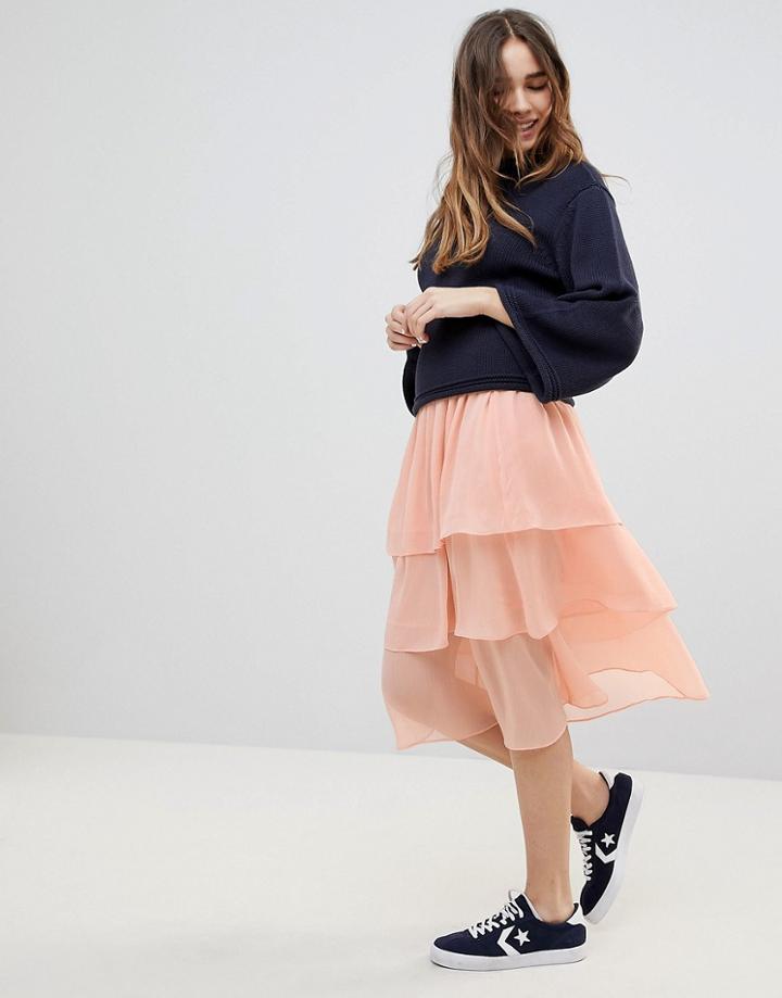 Monki Tiered Midi Skirt - Orange