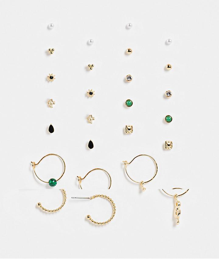 Topshop Hoop And Stud 12 X Multipack In Gold With Green Stones