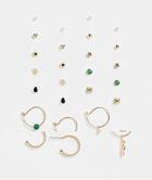 Topshop Hoop And Stud 12 X Multipack In Gold With Green Stones