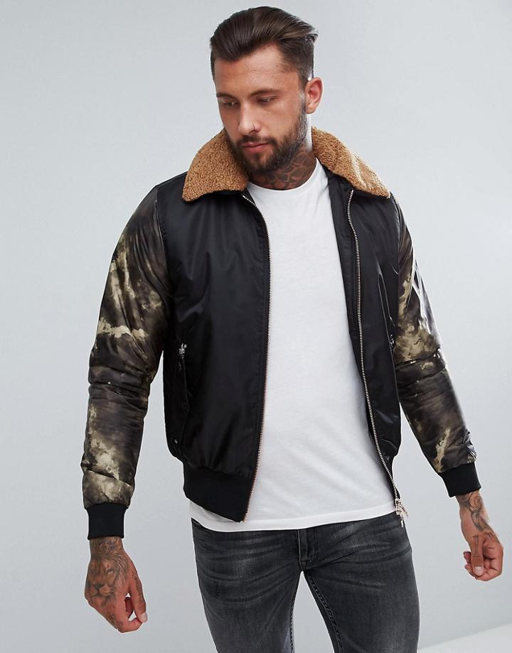 Luke 1977 Billy Biggles Faux Shearling Collar Bomber Jacket In Black - Black