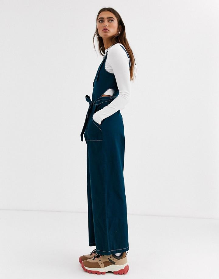 Noisy May Contrast Sticted Tie Front Denim Jumpsuit-blue